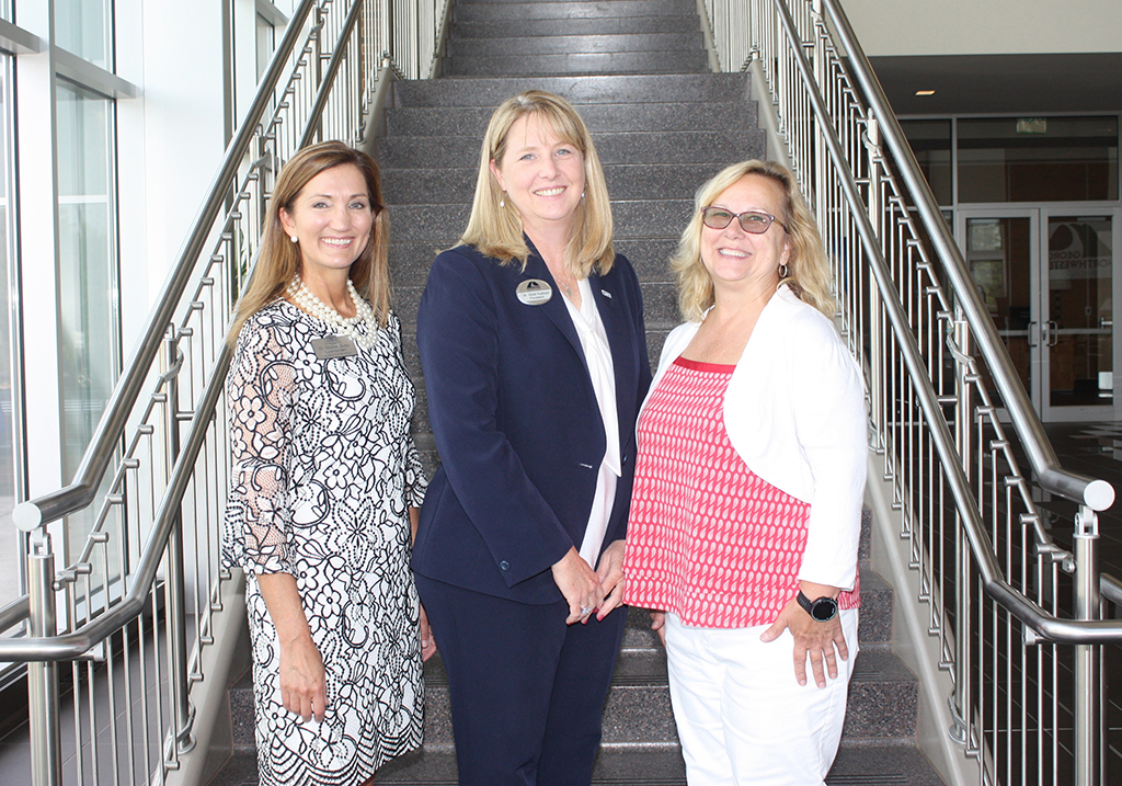 Board Vice-chair Michele W. Taylor (from left) stands with the President of GNTC Heidi Popham and Board Chair Rhonda Beasley in the atrium of the Gordon County Campus. The chair and vice-chair were recently selected to lead the GNTC Board of Directors during the 2020 fiscal year.