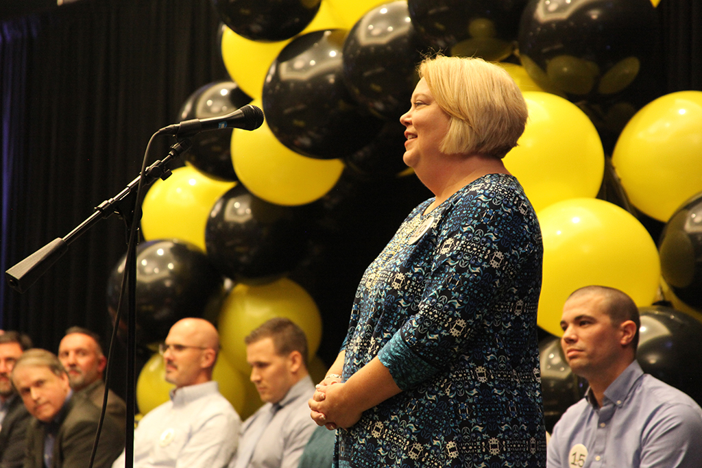 GNTC Vice President of Adult Education Lisa Shaw joined 19 Dalton area business, education and health care leaders during the Seventh Annual Celebrity Spelling Bee which raised funds for local students and educators through the Whitfield Education Foundation.