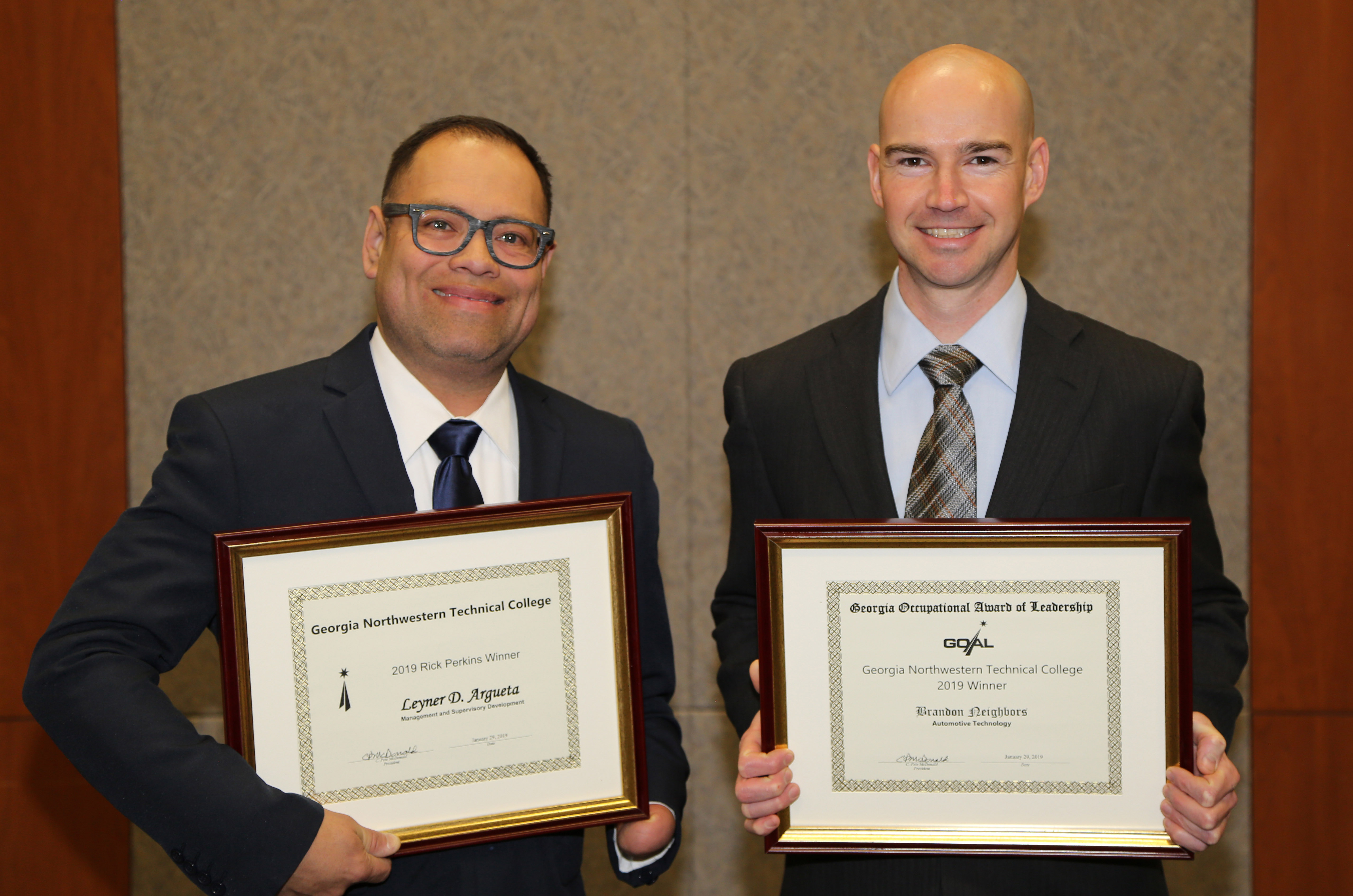 Brandon Neighbors (right) Georgia Northwestern’s 2019 GOAL Winner and Leyner Argueta (left) Rick Perkins Instructor of the Year at GNTC.