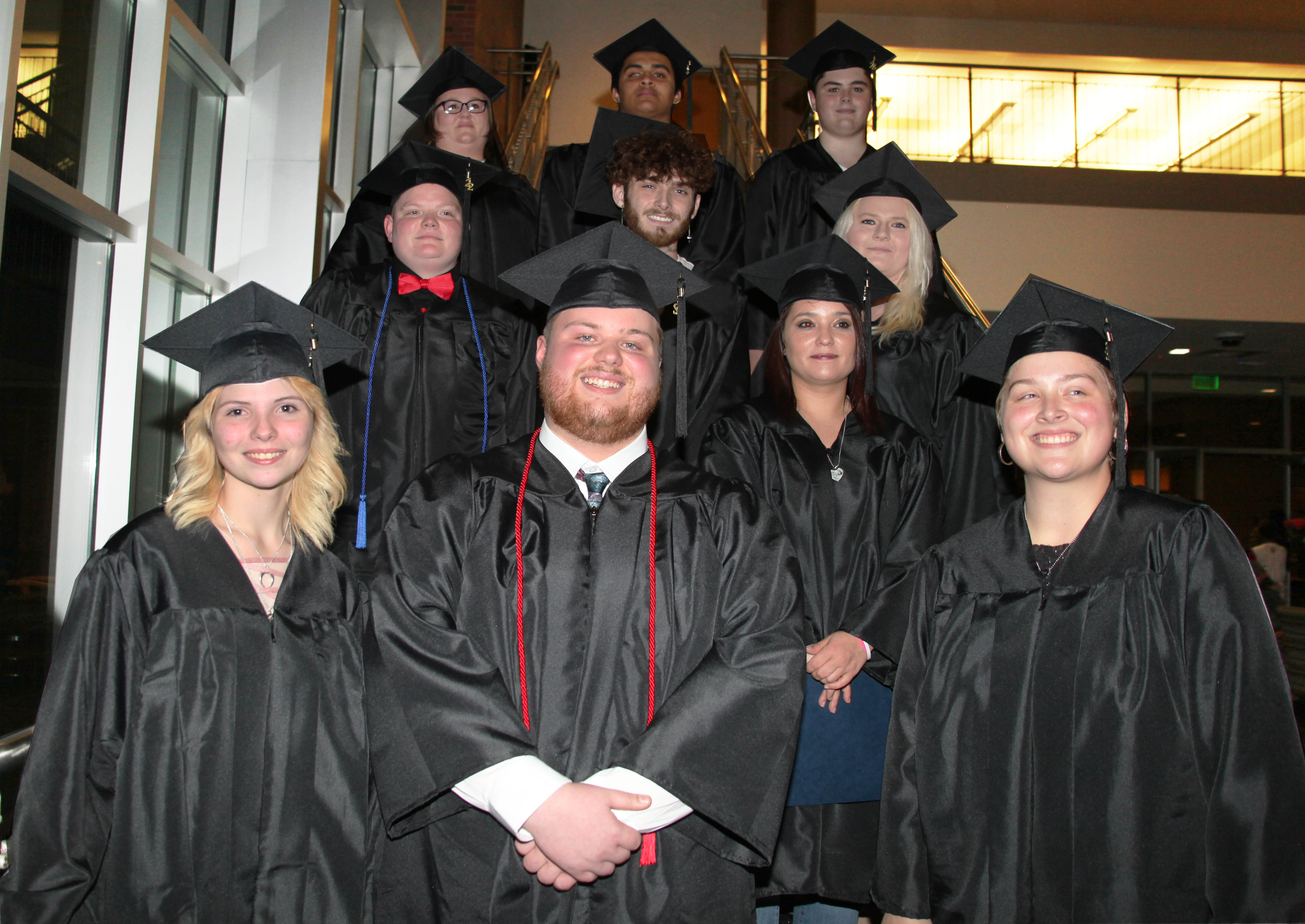 Approximately one-third of the Adult Education graduates attended classes at the Shirley Smith Learning Center. (From left bottom row) Leanne Posey, Jason Matthew Ward Jr., Patricia Danielle Heard, Hannah Winner; (middle row) Darian Nikole Tarver, Laine Matthew Dean Fancher, Caroline Rogers; (top row) Tiffany Peters, Destin Troutman and Emrey Cole-Castillo.
