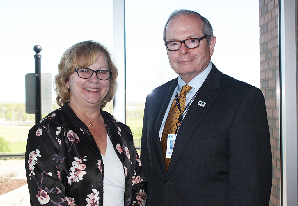  Pete McDonald (right), president of GNTC, congratulates  Rhonda Beasley (left), manager of Human Resources at Roper Corporation, for becoming the newest member of GNTC’s Board of Directors at a meeting on the Gordon County Campus.