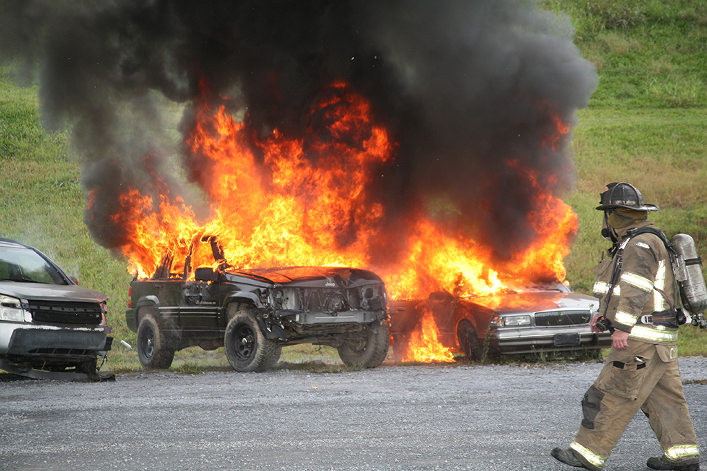 Three cars were lit on fire as part of the Public Safety Training Exercise held on GNTC’s Gordon County Campus. This was meant to simulate a disgruntled person coming to the college and creating a diversion. While firefighters were tending “casualties” and putting out the fire, one of the “active shooters” began opening gunfire on emergency personnel.   