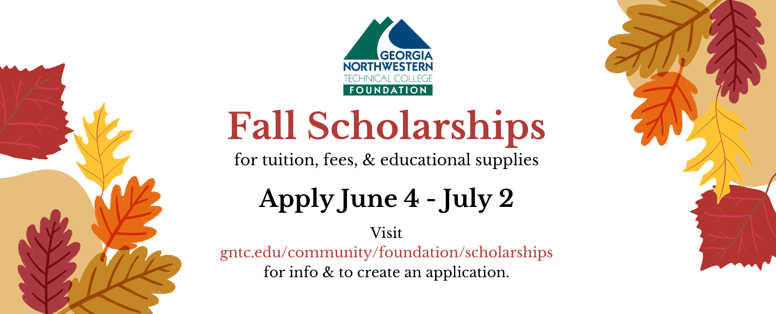 GNTC Foundation Fall Scholarships for tuition, fees, and educational supplies 
Apply June 4-July2
visit gntc.edu/community/founcation/scholarships for info and to create an application