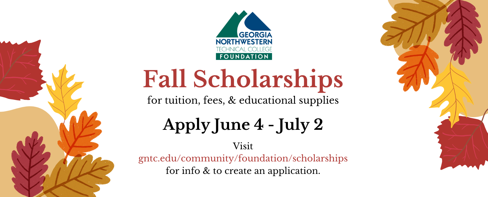GNTC Foundation Fall Scholarships for tuition, fees, and educational supplies 
Apply June 4-July2
visit gntc.edu/community/founcation/scholarships for info and to create an application