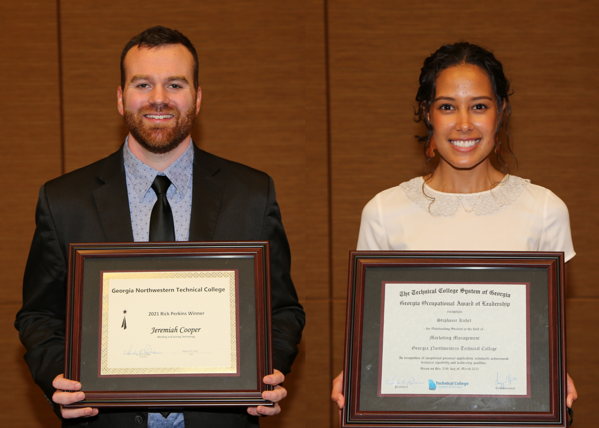 Jeremiah Cooper, Georgia Northwestern Technical College (GNTC) program director and instructor of Welding and Joining Technology, was selected as a 2021 Rick Perkins Instructor of the Year finalist and GNTC Marketing Management student Stephanie Kuhrt was named a 2021 Georgia Occupational Award of Leadership (GOAL) finalist by the Technical College System of Georgia (TCSG). 