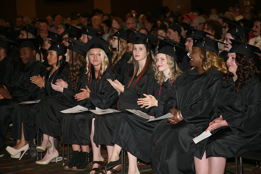 The 2017-18 graduates applaud to thank their families and friends during GNTC’s GED® Graduation and Awards Ceremony in Calhoun.