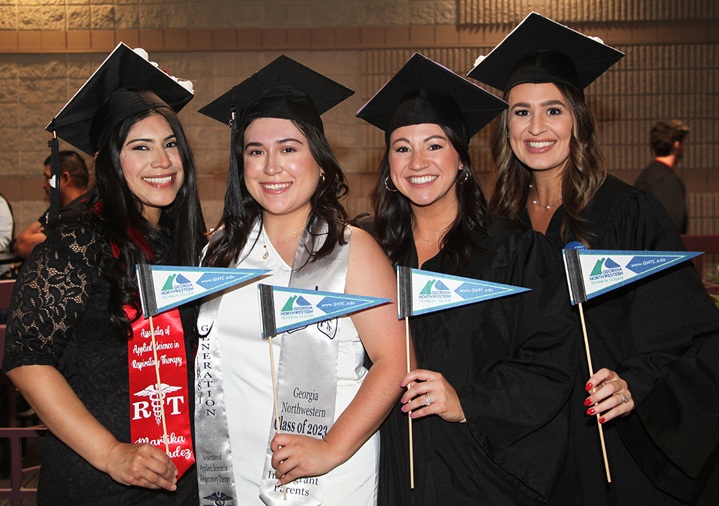 (From left) Martika D. Hernandez, Edith Fortanel, Karli P. Turner and Tatum L. Grady are excited to receive their associate degrees in Respiratory Care.
