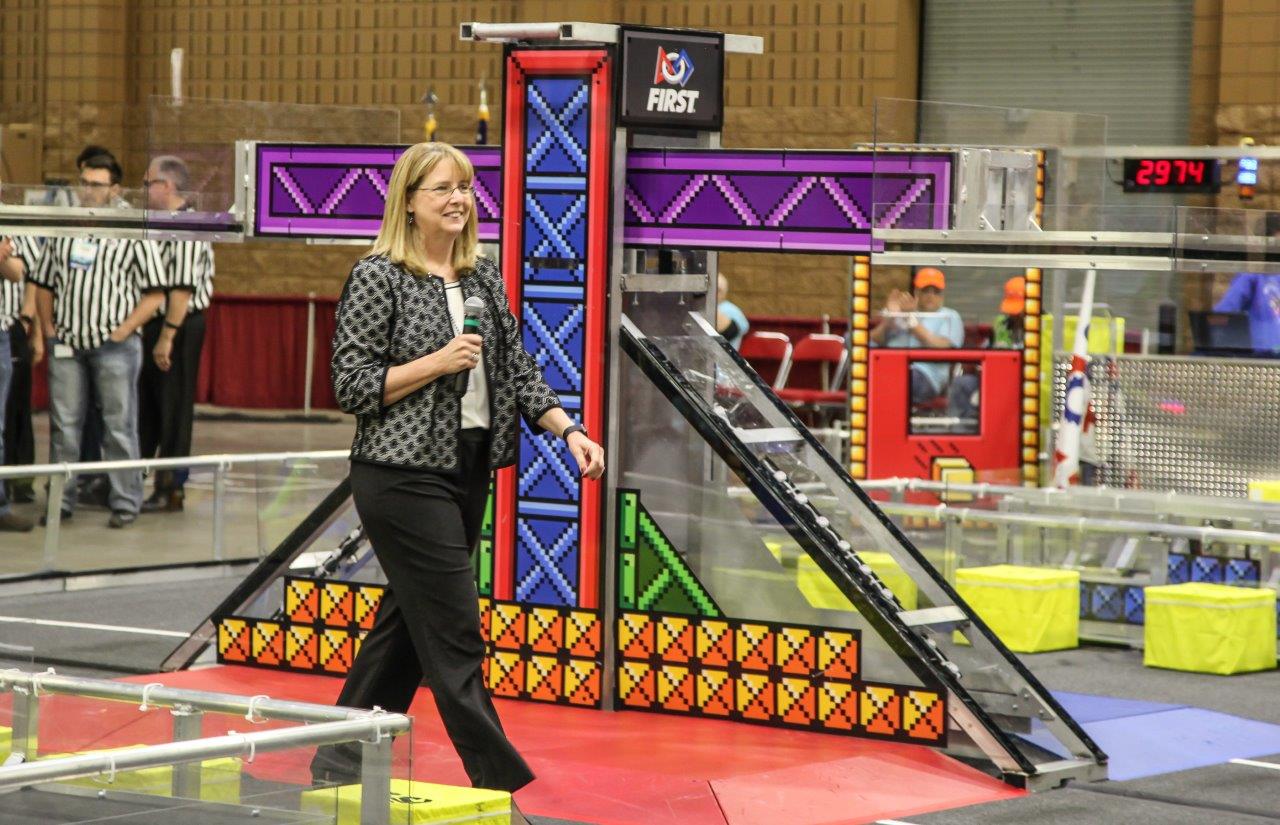 Georgia Northwestern Technical College Executive Vice President Dr. Heidi Popham speaks to the several hundred high school robotics competitors during a qualifying competition held by FIRST Robotics at the Dalton Convention Center March 9.