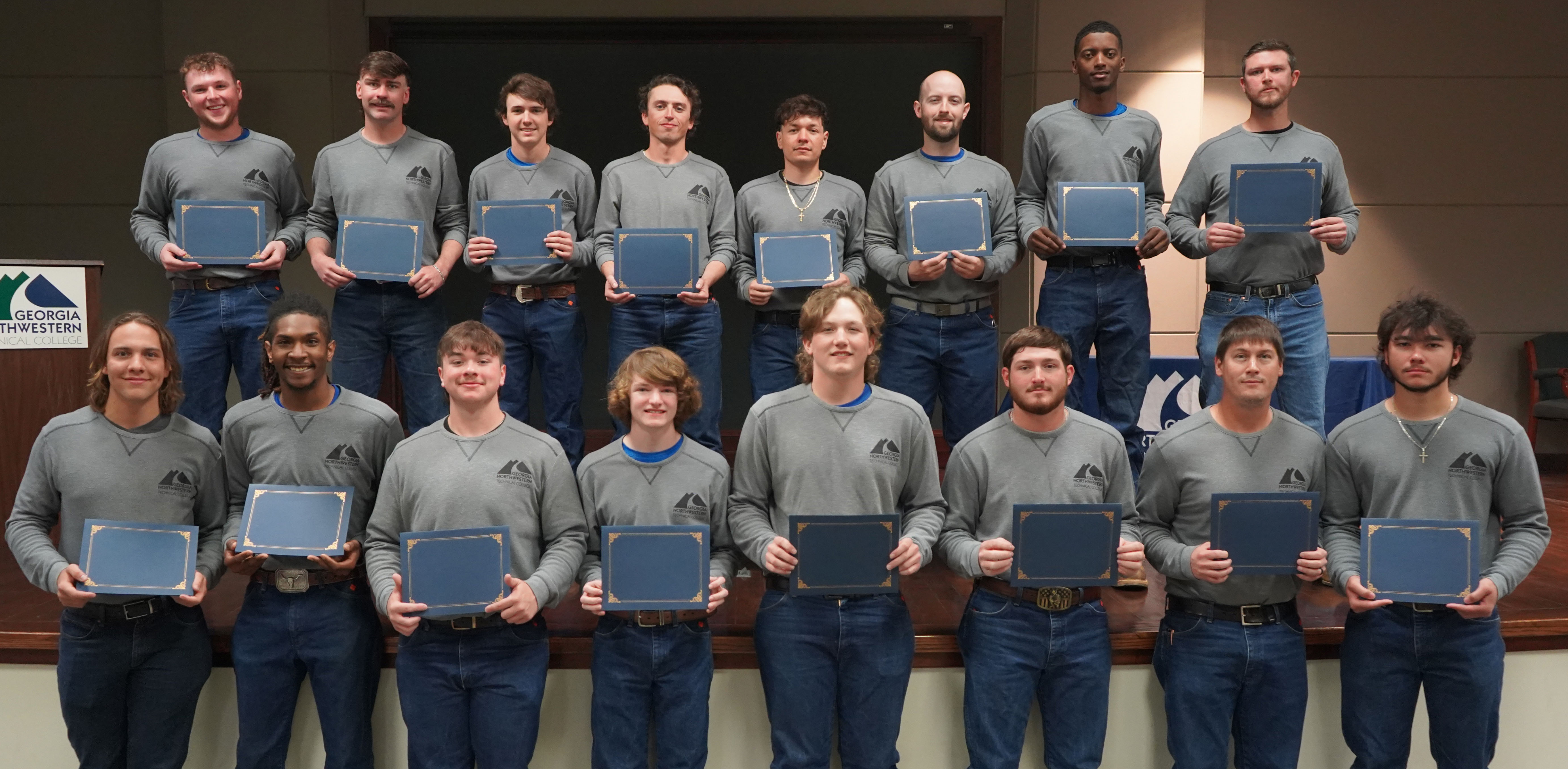 Graduates from GNTC’s Electrical Lineworker program are (from left, front row) Judah Kratz, Marsyan Griffin, Brody Vainrib, Lucas Edwards, Landon Mitchell, Cain Cline, Dustin Wilbanks, Jaykub Roberts; (back row) Trent Peugh, Carson Harris, Carson Lockwood, Adam Tucker, Brixce Ramos, William Weaver, Ryan Chatman and Jamie Wall. 