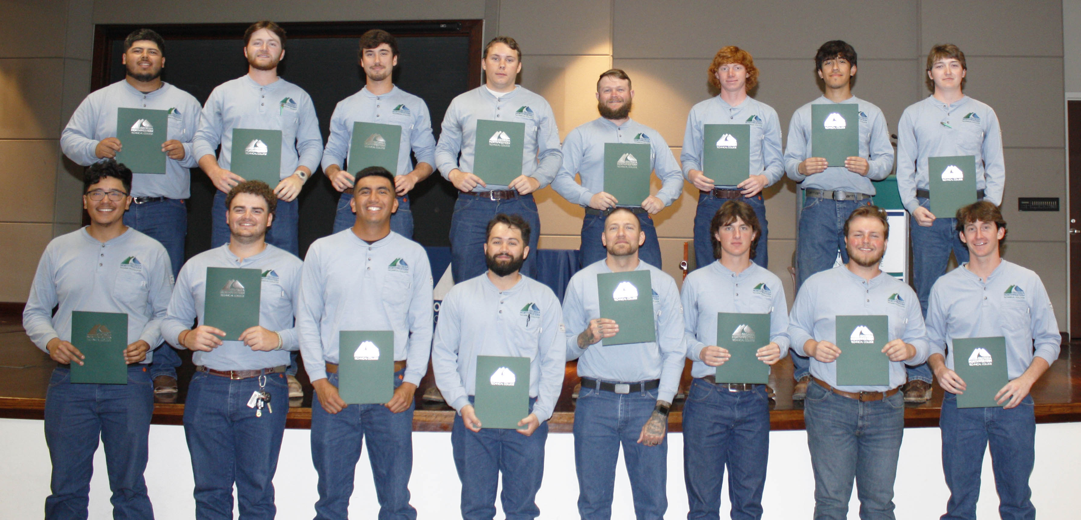 The graduates of the second cohort of GNTC’s Electrical Lineworker Program are (from left, front) Martin Yanez, Jackson Pullen, Bryan Guerrero, Alex Richmond, Perry James Minford, Jacob Mulkey, Brodee Hutcheson, Hunter Henderson; (back) Frederick Daniel Orellana, Tyler Blake Sutton, John Dickens, Everette Drake Childers, Joseph Jones, Chase Murphy, Angel Barboza and Caden Booth.