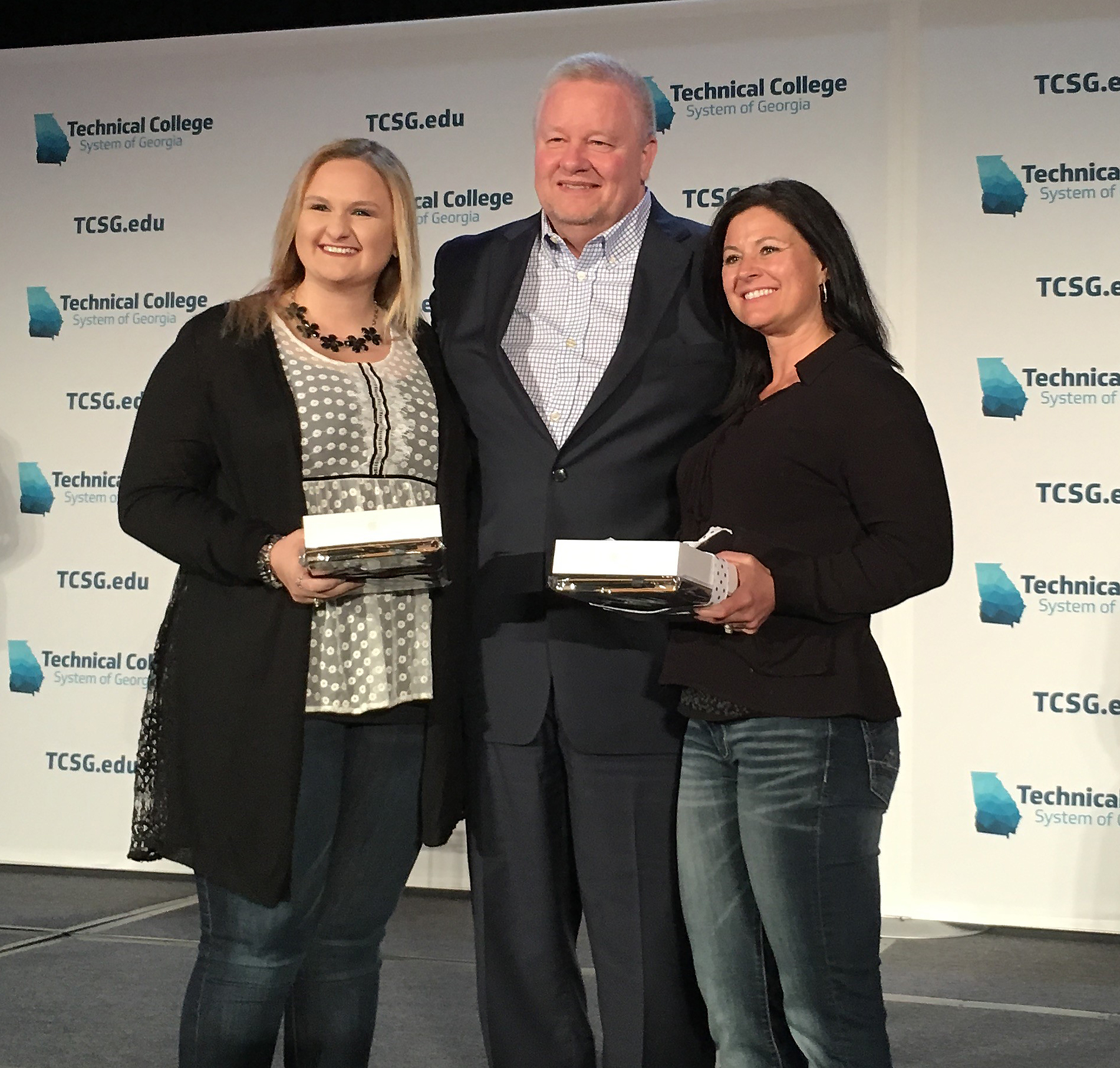 Macey Morgan (left), GNTC’s 2018 GOAL winner, is a finalist to become the 2018 Student of the Year for the Technical College System of Georgia. Also pictured is TCSG Commissioner Matt Arthur (center) and Stephanie Kinman, GNTC’s 2018 Rick Perkins Instructor of the Year.