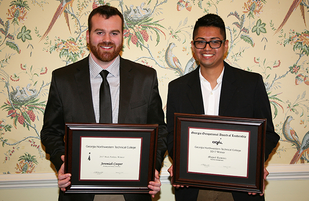 Miguel Ramirez (right) Georgia Northwestern’s 2017 GOAL Winner and Jeremiah Cooper (left) Rick Perkins Instructor of the Year at GNTC.