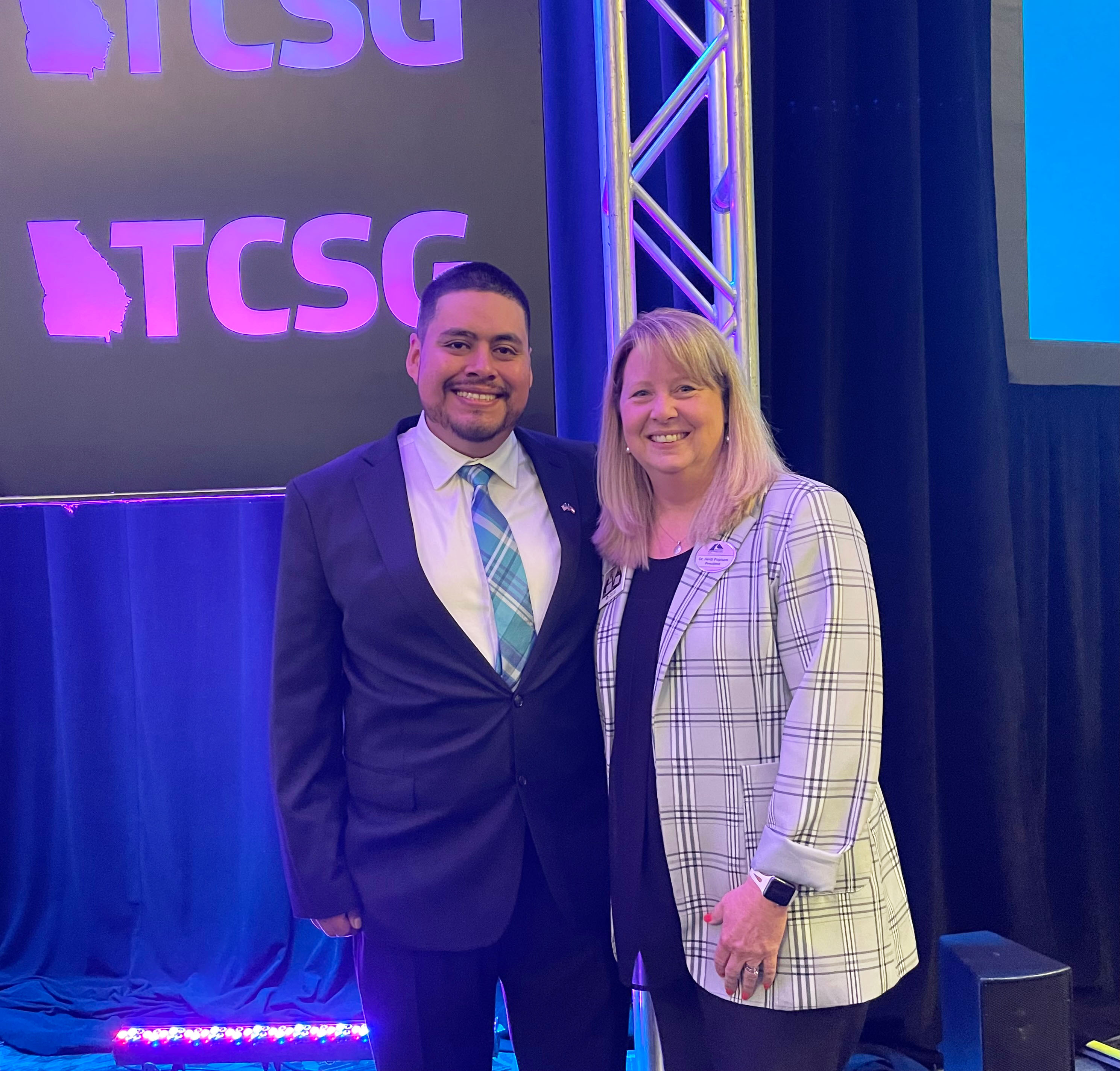 Salvador Gonzalez (left), program director and instructor of Diesel Equipment Technology at Georgia Northwestern Technical College (GNTC), stands with Dr. Heidi Popham, president of GNTC, after being named First Runner-Up for the Technical College System of Georgia’s 2023 Rick Perkins Instructor of the Year.