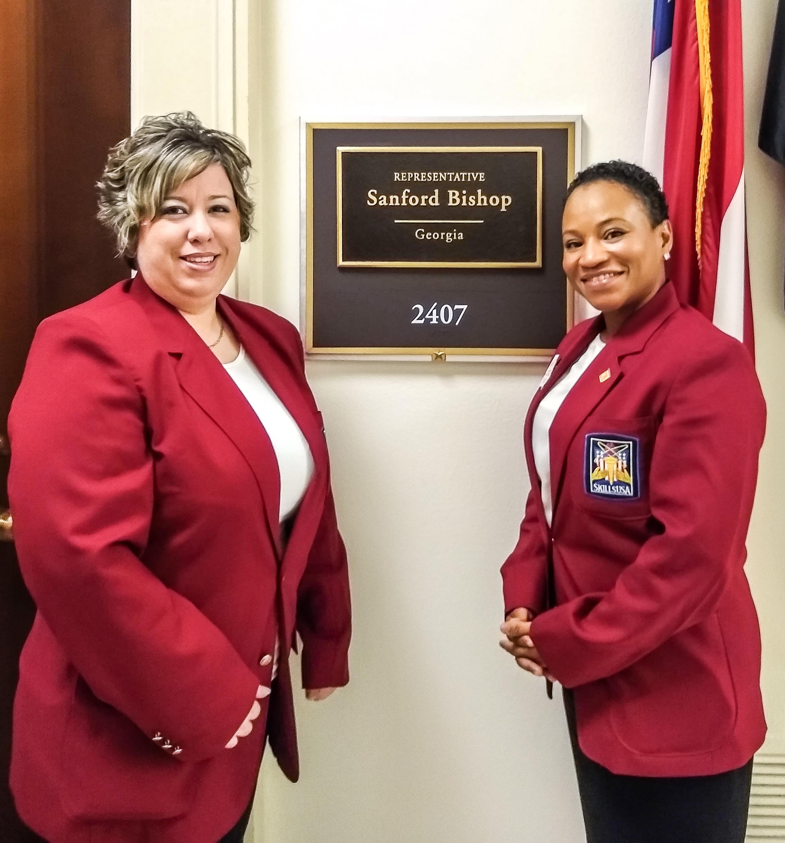 Georgia Northwestern Technical College SkillsUSA Advisor Missy McClain, left, and Georgia Northwestern Technical College’s Julianna Matthews stand outside the offices of U.S. Representative Sanford Bishop (GA) during the 2018 SkillsUSA Leadership Training Institute in Washington, D.C.