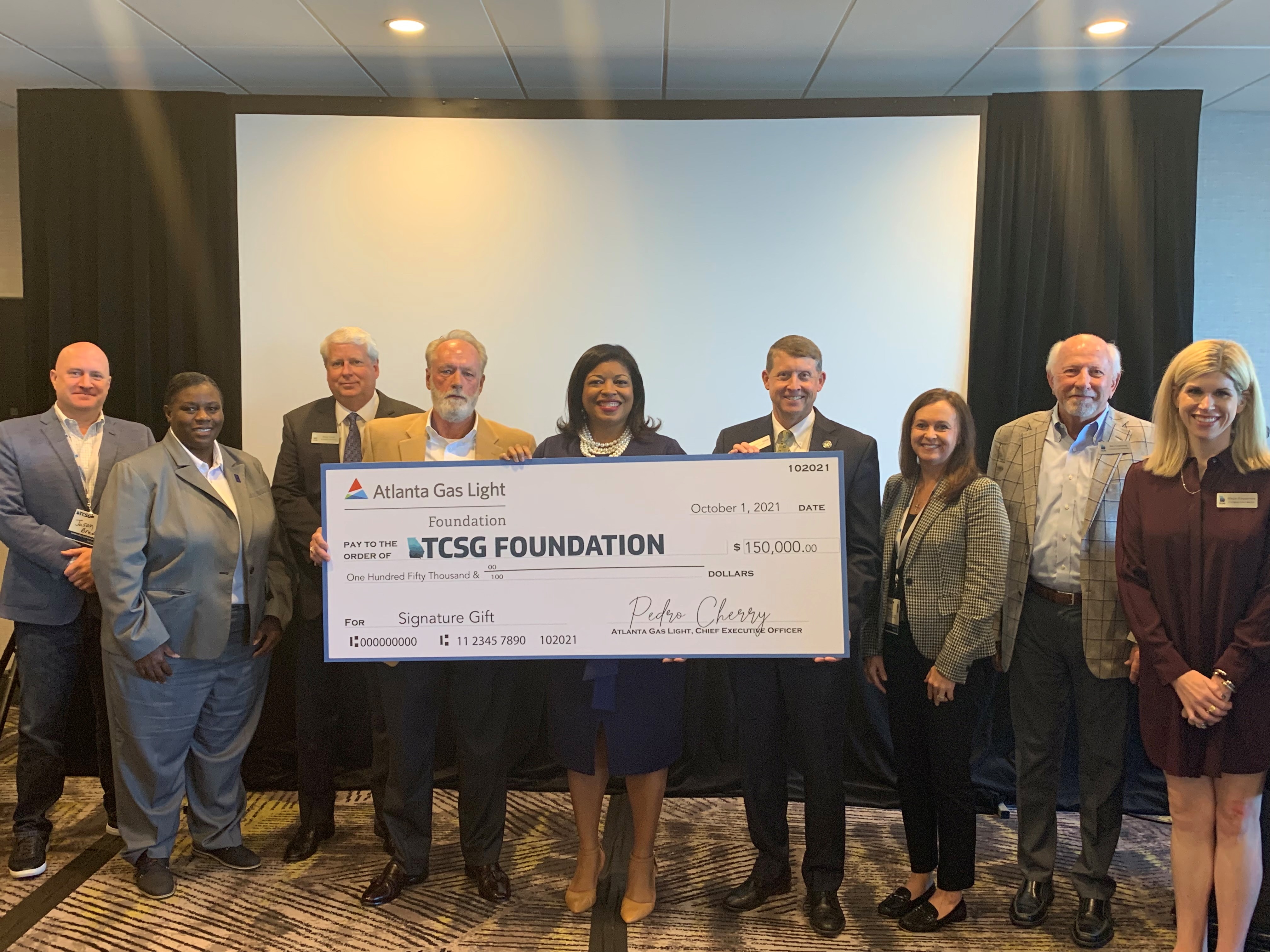 The Atlanta Gas Light Foundation presented a $150,000 gift to TCSG Tuesday afternoon. The funding will provide equipment to and facility upgrades for TCSG’s HVAC and Pipefitting programs, as well as address the critical need for gap-funding for TCSG students.