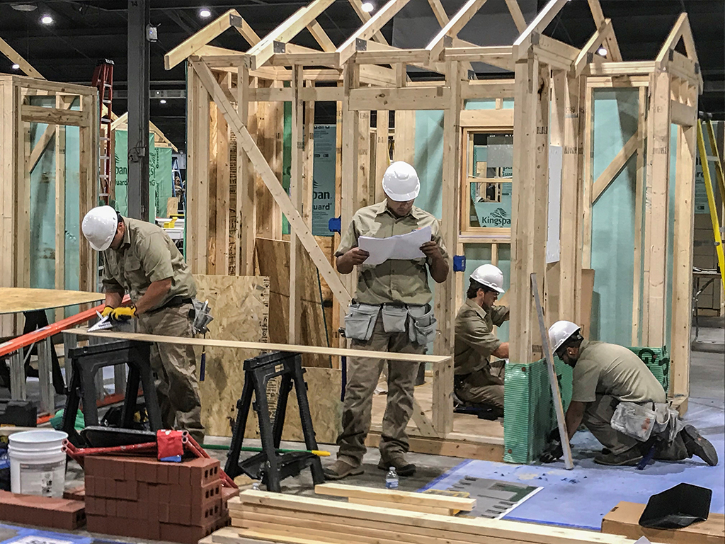 The Georgia Northwestern Technical College TeamWorks squad working on their National SkillsUSA Competition worksite in Louisville, Kentucky. Shown, from left, are Ryan Banks (Whitfield County), Gabriel Lopez (Bartow County), Jesse Flanagan (Polk County), and Joel Paez (Whitfield County).