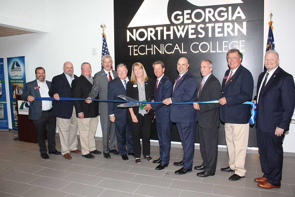 The Ribbon Cutting Ceremony for the new Whitfield Murray Campus Expansion took place on Friday, Sept. 20, at 9 a.m. (From left to right) Representative Kasey Carpenter, Representative Steve Tarvin, TCSG State Board Member Randall Fox, State Senator Chuck Payne, TCSG State Board Member Joe Yarbrough, GNTC President Dr. Heidi Popham, Governor Brian P. Kemp, Representative Jason Ridley, Representative Matt Barton, Representative Rick Jasperse, and TCSG Commissioner Matt Arthur.
