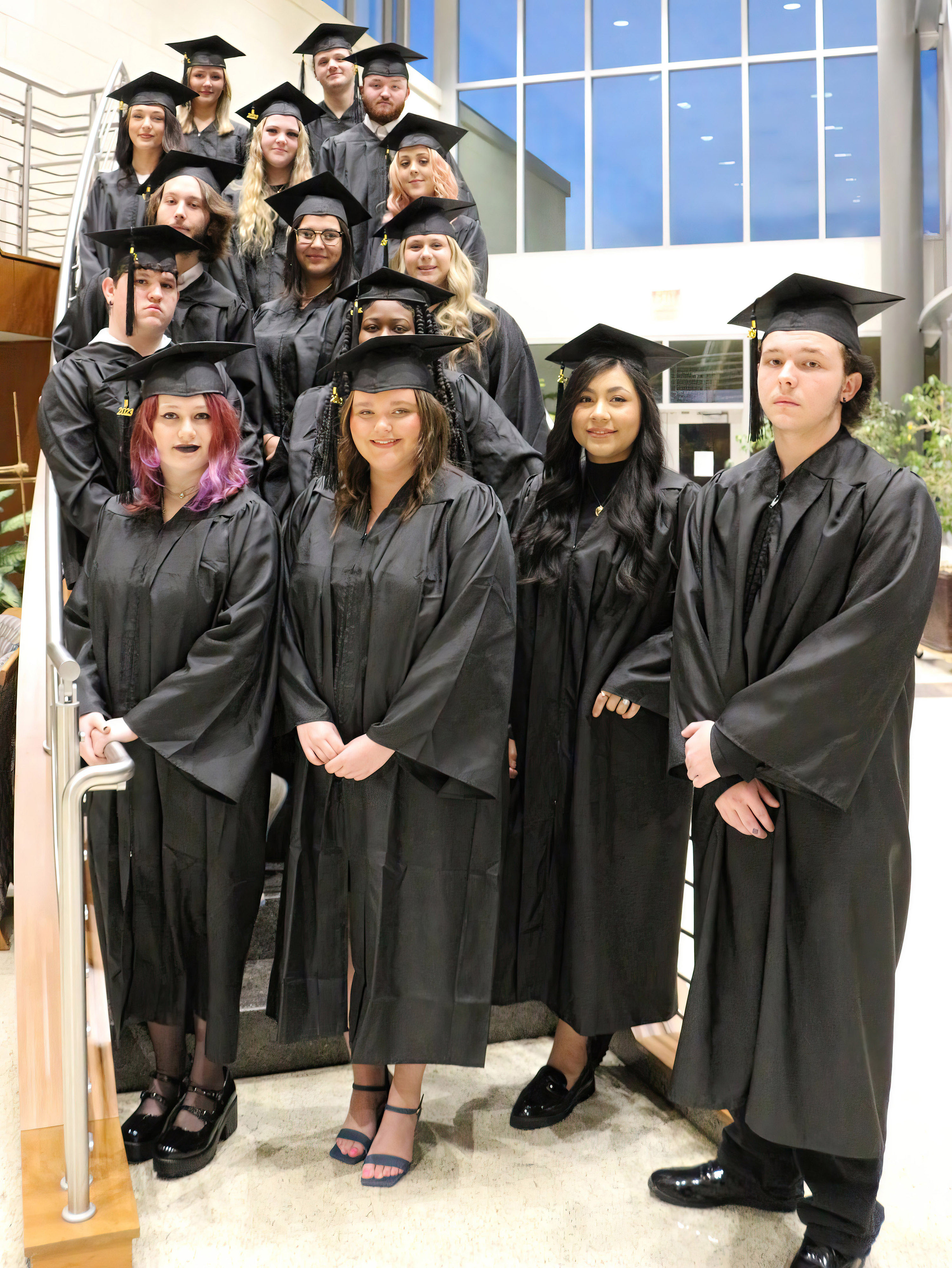 (From left, front row) Renea Wright, Taylor Seal, Erika Ambrocio Greenwell, Braeden Kinsey; (second row) Frederick Saunderson, Chamberland Jackson; (third row) Gage Neace, Cora Monson, Casey Dover; (fourth row) Kaya McVaden, Promise Brown, Annalyn Brookshire; (firth row) Jubilee Kirby, Logan Beach and Zachary Cochran pose for their graduation photo.