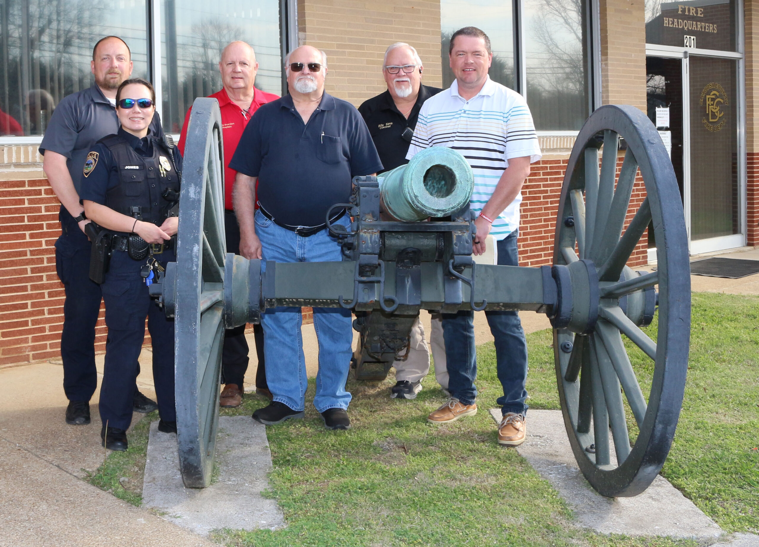 (From left, front row) Jennifer Jones, Ringgold Police chief; Louis Hamm, chaplain to Rossville Police Department; Clayton Brown, Southern Cross Ministries board member; (back row) Chad Cardin, GNTC Police chief; Steve Brandon, chaplain to Ringgold Police Department; and Billy Sims, Walker County coroner.