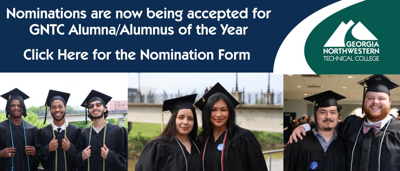 Photos of various GNTC graduates in their caps and gowns. GNTC nominations for Alumni of the Year and click to the nomination form.